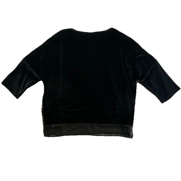 Chicos Sz 1 (U.S. 8/M) Black Velvet Burnout Floral Top Sheer Hem 3/4 Sleeve EUC - Picture 4 of 8
